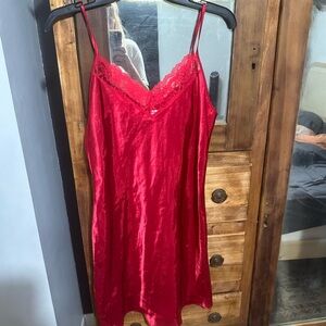Vintage Gilligan & O’Malley Red Satin Slip Dress with Lace Trim – Size S